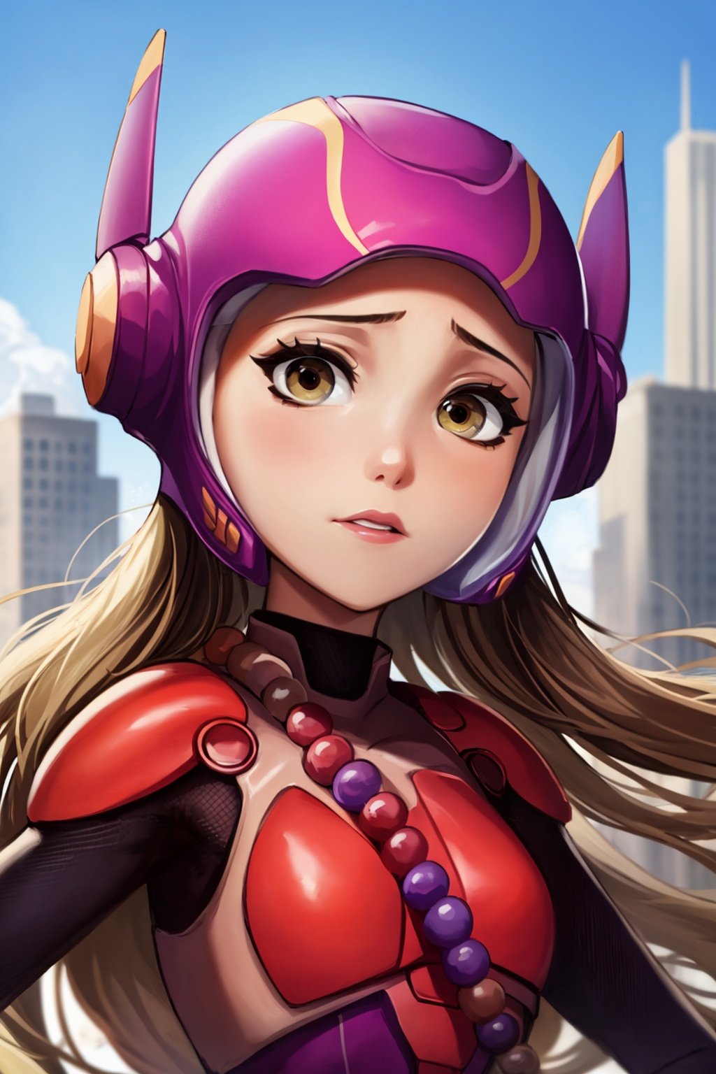 masterpiece, best quality,1girl, hlhero, solo, closeup, brown eyes, brown hair, helmet, long hair, pink bodysuit, superhero, blue sky, city background <lora:HoneyLemonV2:1>