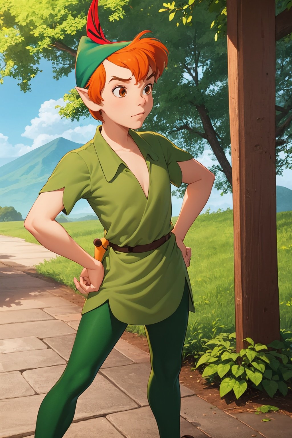 masterpiece, best quality, 1boy, peter pan, short hair, orange hair, green pants, green collared shirt, short sleeves, belt, brown footwear, hands on hips, hat feather, male focus, pointy ears, solo, standing, blue sky, forest  <lora:PeterPan:1>