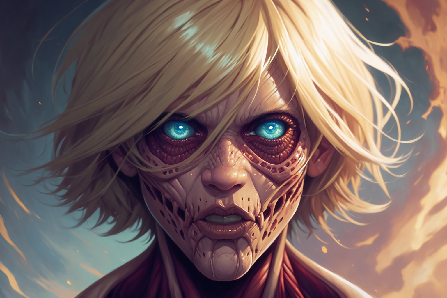 1girl, female titan, blonde hair, short hair, blue eyes, teeth, perfect anatomy, closeup, roar, open mouth,  (best quality, 500px, 64k ultra hd:1.1).,(A perfect finished work of official art:1.1), Digital painting (ART By Apterus, ART By Dan Mumford:1.1), Delightful anatomy, (fantastic horror perfect art, 64k ultra hd:1.1), (art by apterus, art by dan mumford:1.2) <lora:FemaleTitanV2:1>