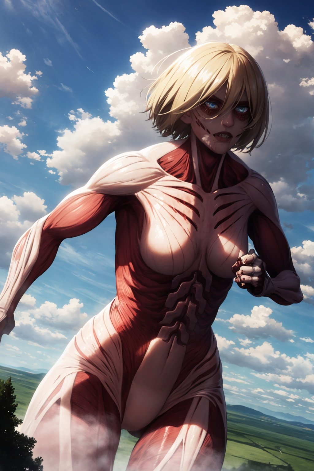 masterpiece, best quality, 1girl, female titan, blonde hair, short hair, blue eyes, teeth, scar, blood, giant, giantess, muscular, running, blue sky, cloud, view from far, meadow  <lora:FemaleTitanV2:1>