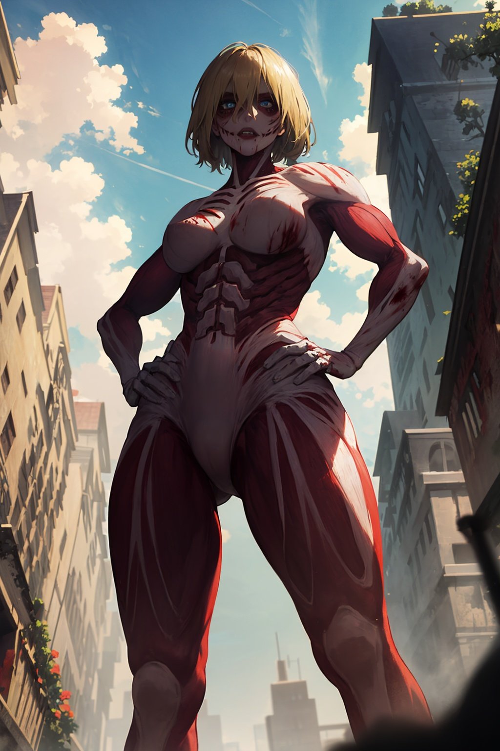 masterpiece, best quality, 1girl, female titan, blonde hair, short hair, blue eyes, teeth, scar, blood, giant, giantess, muscular, hands on hips, blue sky, cloud, view from below, ruined city  <lora:FemaleTitanV2:1>