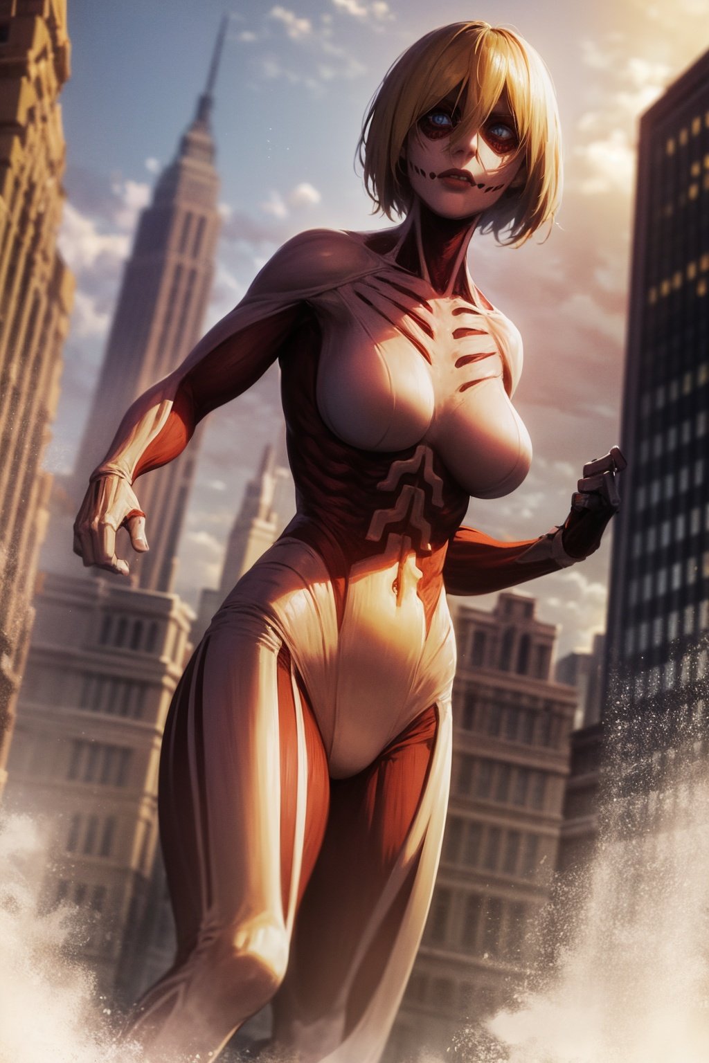 masterpiece, best quality, 1girl, female titan, blonde hair, short hair, blue eyes, giantess, building, new york city  <lora:FemaleTitanV2:1>