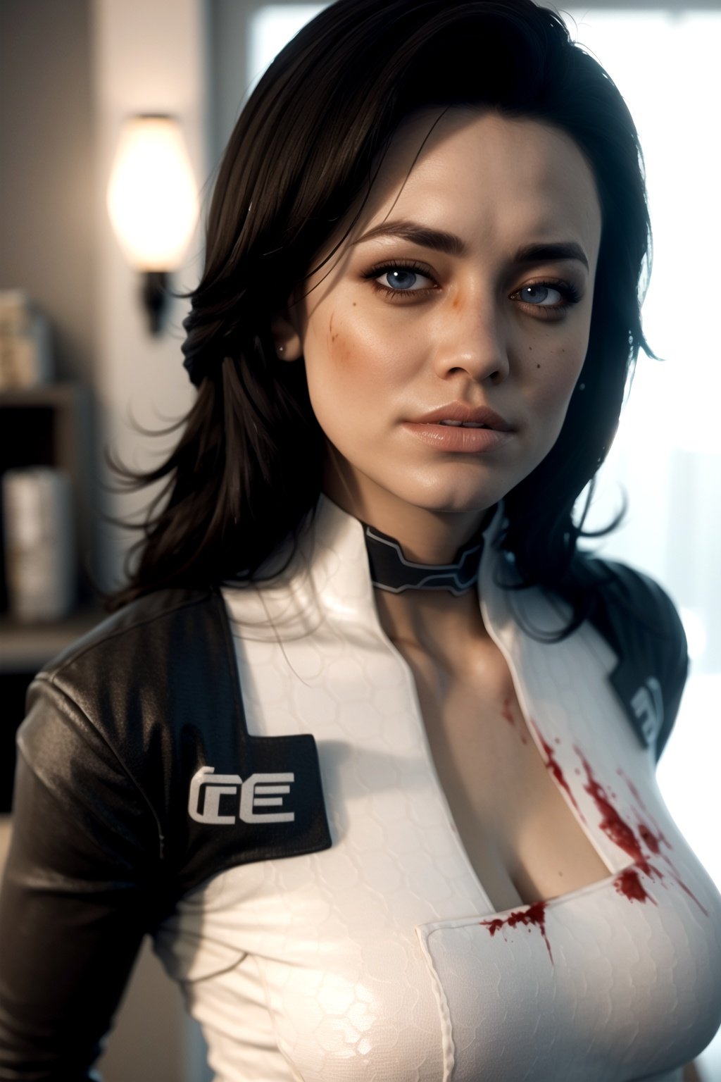 8k, best quality, real picture, intricate details, ultra-detailed, ultra highres, depth field,(photorealistic,realistic:1.2), masterpiece,photo of european girl, miranda, blue eyes, black hair, long hair, (bruise, dirty, torn clothes, blood:1.3), ripped bodysuit, , solo, sun, blue sky, best quality, realistic, photorealistic, (intricate details:1.2), (delicate detailed), (cinematic light), clear line, sharp focus, realistic face, detailed face, unity 8k wallpaper, ultra high res, (photorealistic:1.4), looking at viewer <lora:Miranda:1>