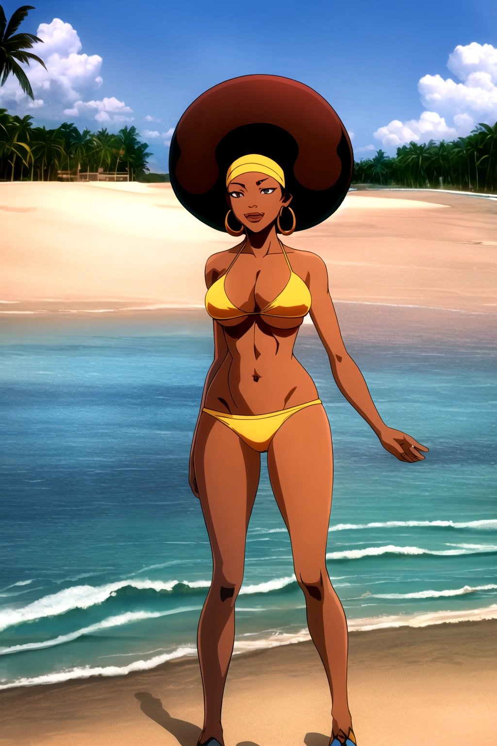 masterpiece, best quality, 1girl, hb, solo, fullbody, loop earrings, afro, dark-skinned, dark skin, navel, midriff, bikini, sea, sand, beach background <lora:HoneyBee:1>