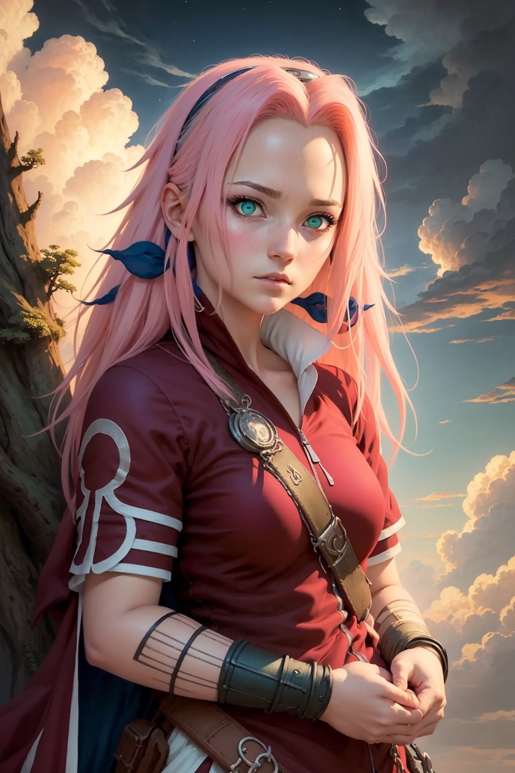 ((best quality)), ((masterpiece)), (detailed),  girl,haruno sakura, pink hair, long hair, green eyes, (fantasy illustration:1.3), enchanting gaze, captivating pose, mystical sky, (Luis Royo:1.2), (Yoshitaka Amano:1.1), moonlit night, soft colors, (detailed cloudscape:1.3), (high-resolution:1.2), forest background <lora:Sakura:1>