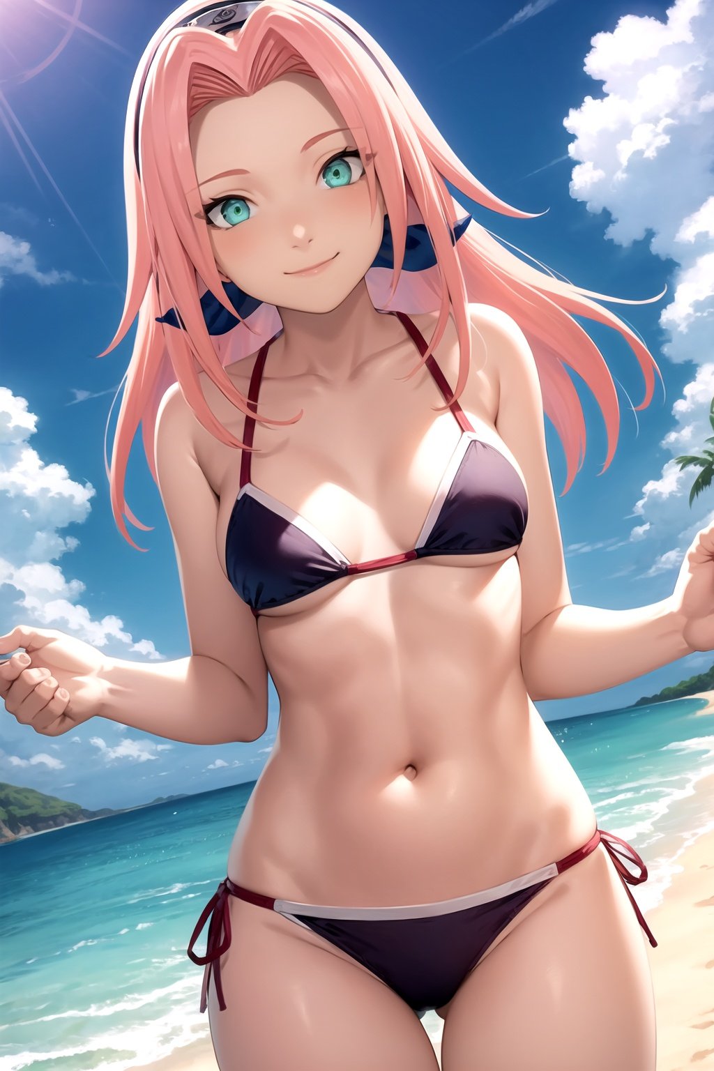 masterpiece, best quality, 1girl,haruno sakura, pink hair, long hair, green eyes, forehead protector, smile, bikini, blue sky, cloud, sea, sand, beach background <lora:Sakura:1>