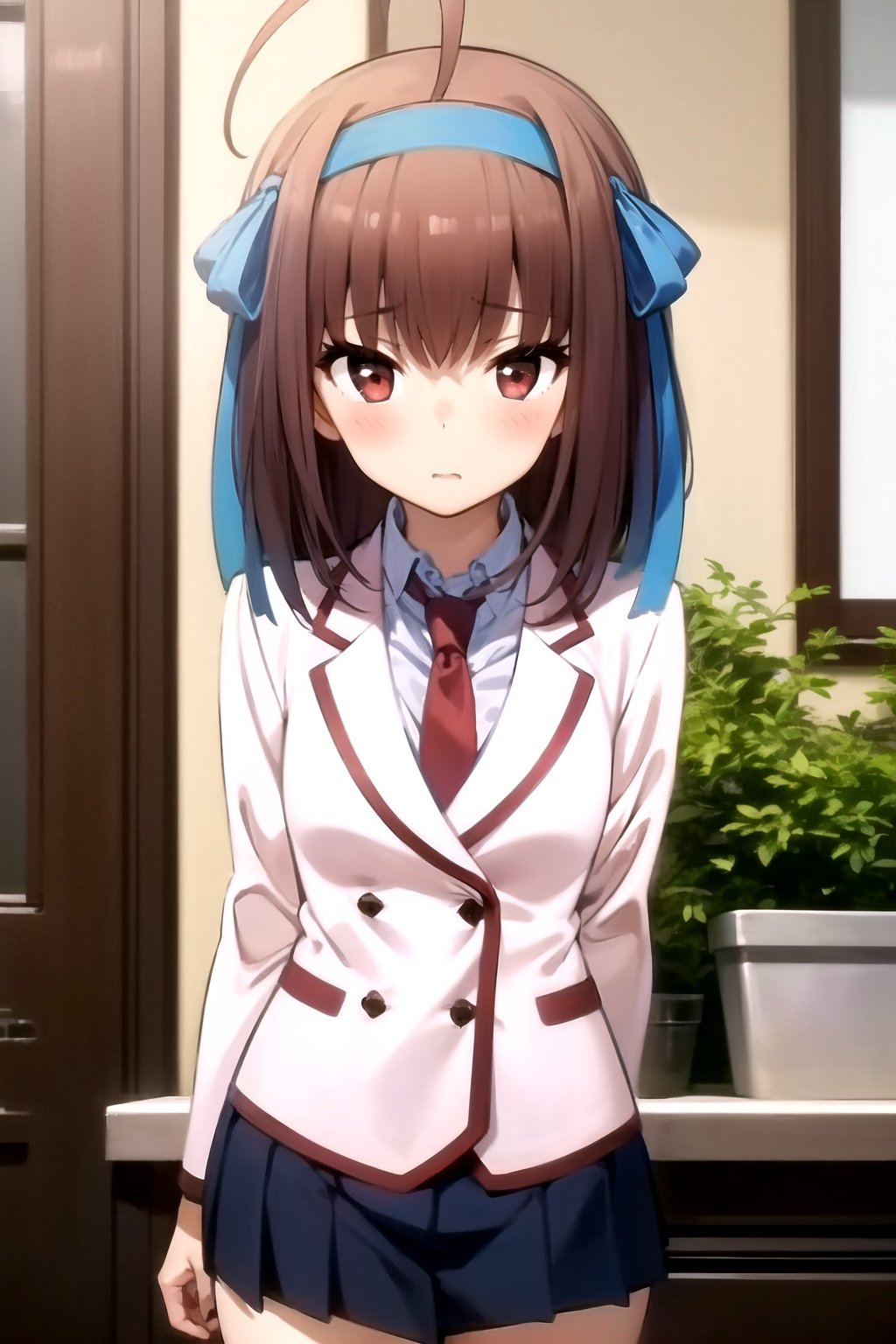 masterpiece, best quality, 1girl, takanashisora, blush, brown hair, ahoge, blue hair ribbon, hairband, red necktie, school uniform, looking at viewer <lora:TakanashiSoraV2:1>