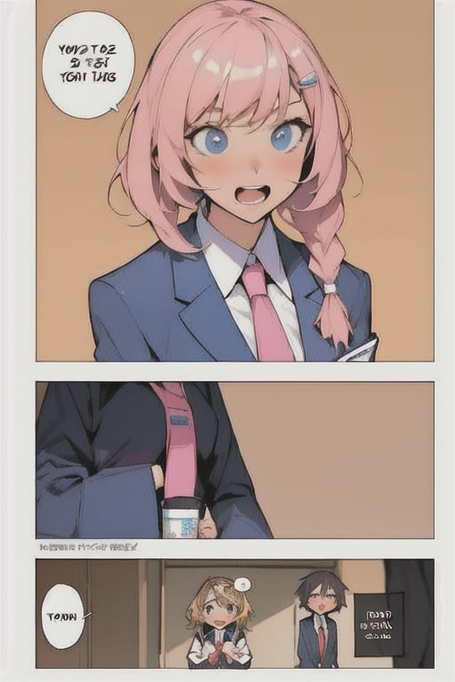 long hair, short hair, open mouth, multiple girls, shirt, hair ornament, school uniform, jacket, braid, comic, necktie, hairclip, collared shirt, virtual youtuber, bag, speech bubble, english text, blazer, school bag, spoken ellipsis, thought bubble, thinking,1 page manga,4 manga panels