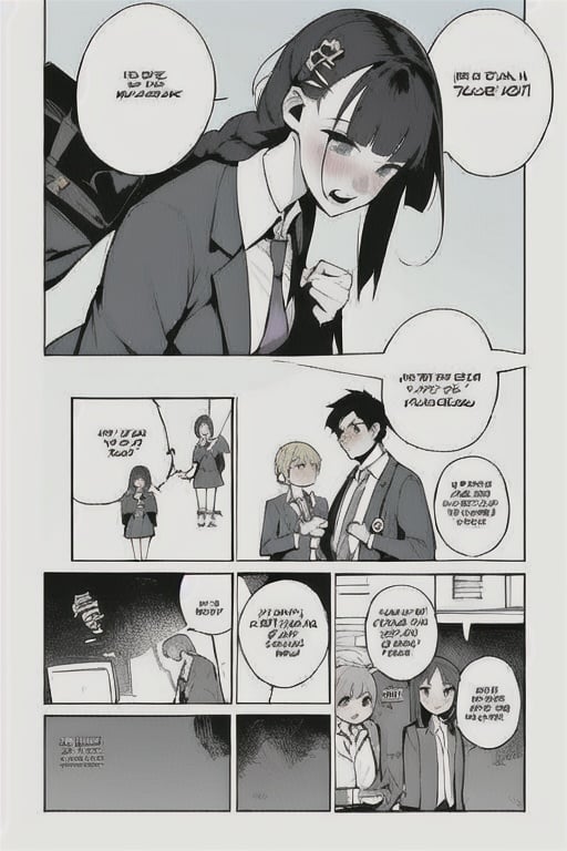 long hair, short hair, open mouth, multiple girls, shirt, hair ornament, school uniform, jacket, monochrome, braid, comic, necktie, hairclip, collared shirt, virtual youtuber, bag, speech bubble, english text, blazer, school bag, spoken ellipsis, thought bubble, thinking,1 page manga,4 manga panels