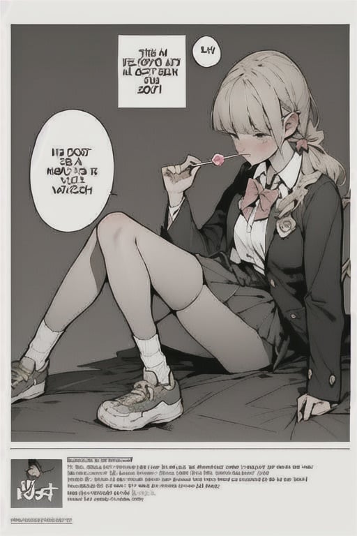 1girl, long hair, bangs, skirt, hair ornament, 1boy, bow, twintails, school uniform, jacket, monochrome, braid, comic, hetero, greyscale, pleated skirt, food, shoes, socks, hairclip, bowtie, english text, erection, blazer, candy, bulge, lollipop, erection under clothes, loose socks,1 page manga,by sanka kumaru,3 manga panels,body up panels,1 girl