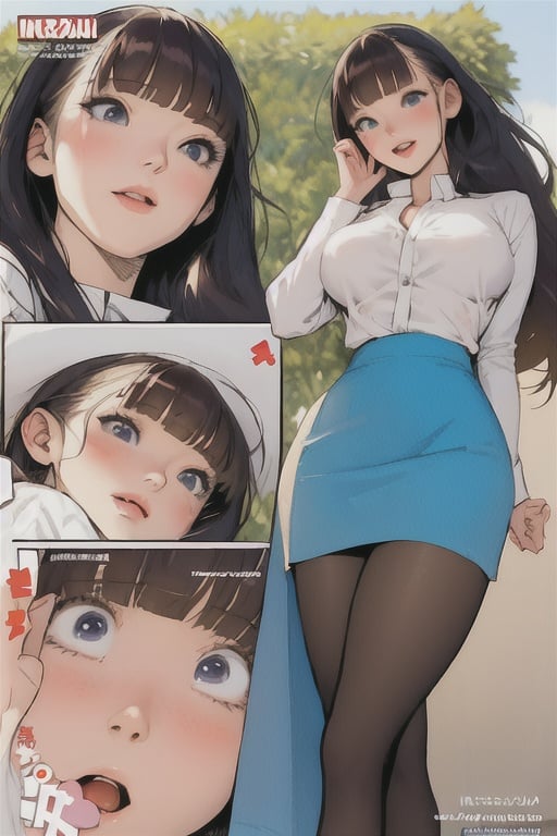 1girl, long hair, breasts, blush, open mouth, bangs,3 manga panels,comic,manga