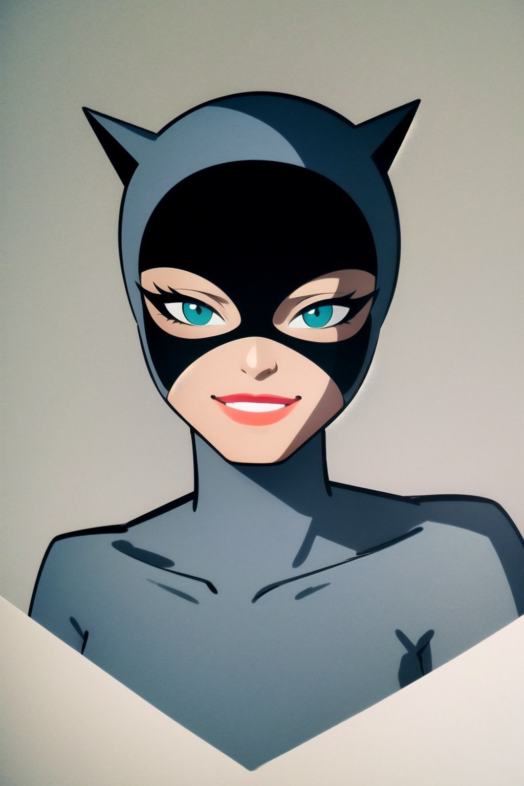 masterpiece, best quality, 1girl, catwoman, solo, closeup, green eyes, mask, lipstick, bodysuit, smile, solid grey background <lora:Catwoman:1>