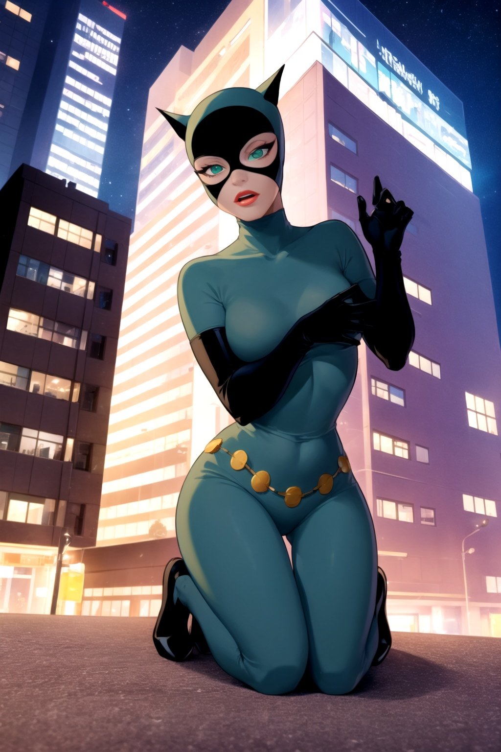 masterpiece, best quality, 1girl, catwoman, solo, green eyes, mask, lipstick, bodysuit, kneeling on top of a building, night, city light, view from below, night sky <lora:Catwoman:1>