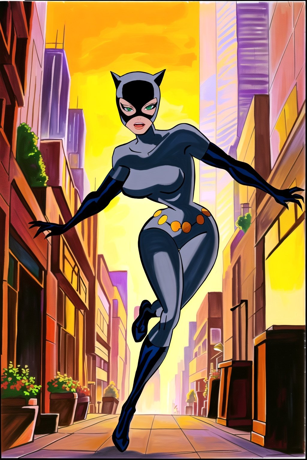 masterpiece, best quality, highres, highest quality, absurdres, catwoman, traditional media, (painting \(medium\)), sharp expressive green eyes, perfect face, wide hips, bodysuit, thick lineart, atmospheric lighting, smooth, beautifully detailed city background, cinematic composition, Joe Madureira  <lora:Catwoman:1>