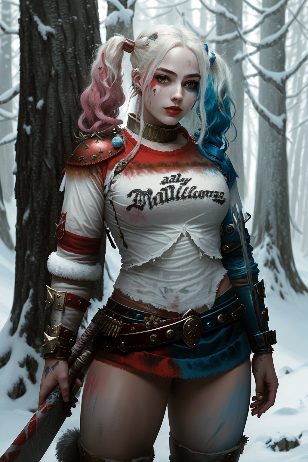 painting of 1girl as nordic viking warrior, fullbody, 1girl, harleyquinn, twintails, multicolored hair, wearing viking armor, detailed skin, fantasy, snowy nordic forest, modelshoot style, (extremely detailed CG), photo of beautiful artwork, (Antonio Moro), (Jeremy Mann), High Detail, Sharp focus, dramatic, oil painting, realistic  <lora:HarleyQuinnV2:1>