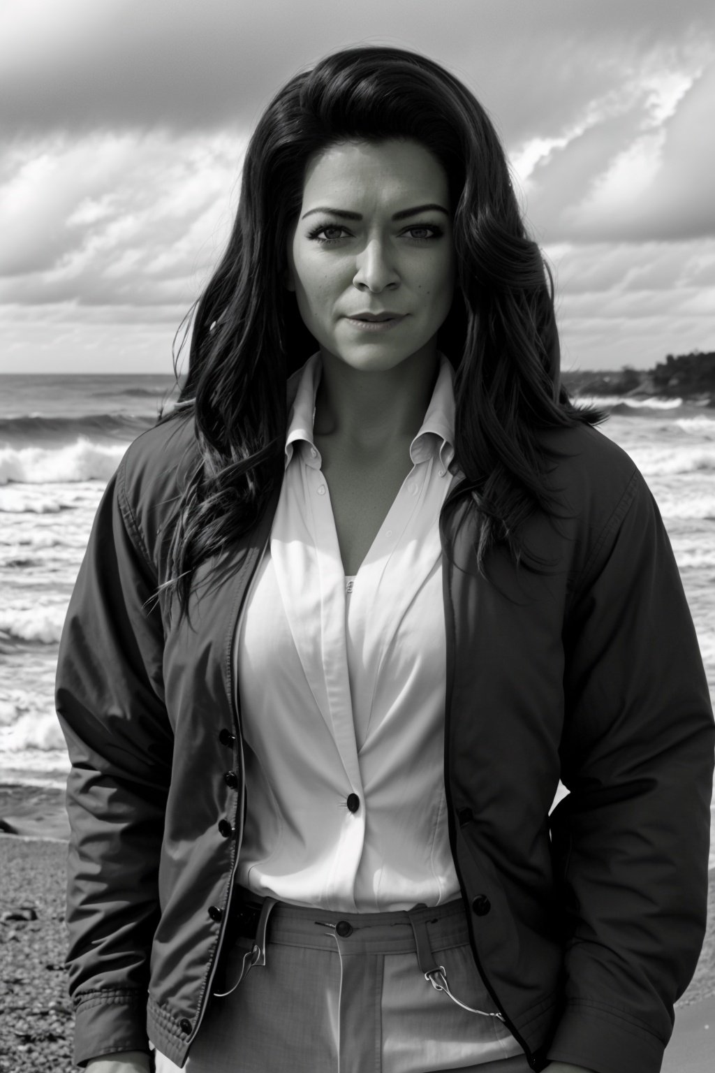 b&w photo of woman, shehulk, black hair, half body, body, high detailed skin, skin pores, sfw, jacket, coastline, overcast weather, wind, waves, 8k uhd, dslr, soft lighting, high quality, film grain, Fujifilm XT3 <lora:Shehulk:1>