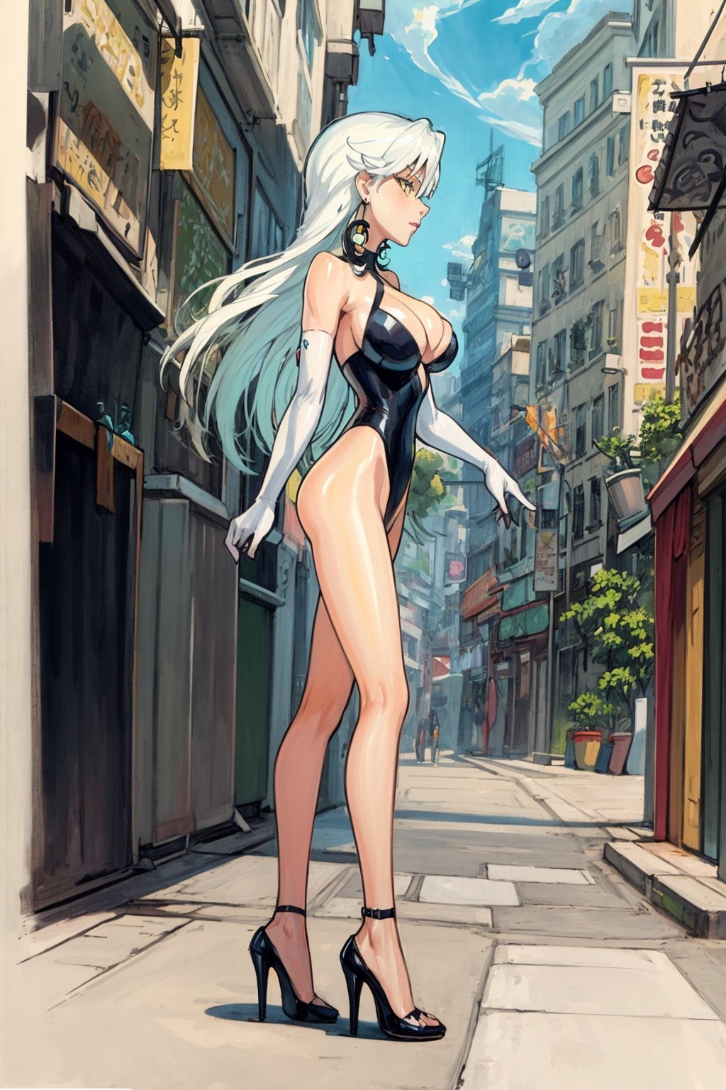 masterpiece, best quality, profile of 1girl, harukagracia, solo, view from far, yellow eyes, white long hair, black leotard, white elbow gloves, crescent earrings, highheels, cleavage, solo, traditional media, painting /(medium/), long shot <lora:HarukaGracia:0.9> <lora:Reiq_05:0.8>