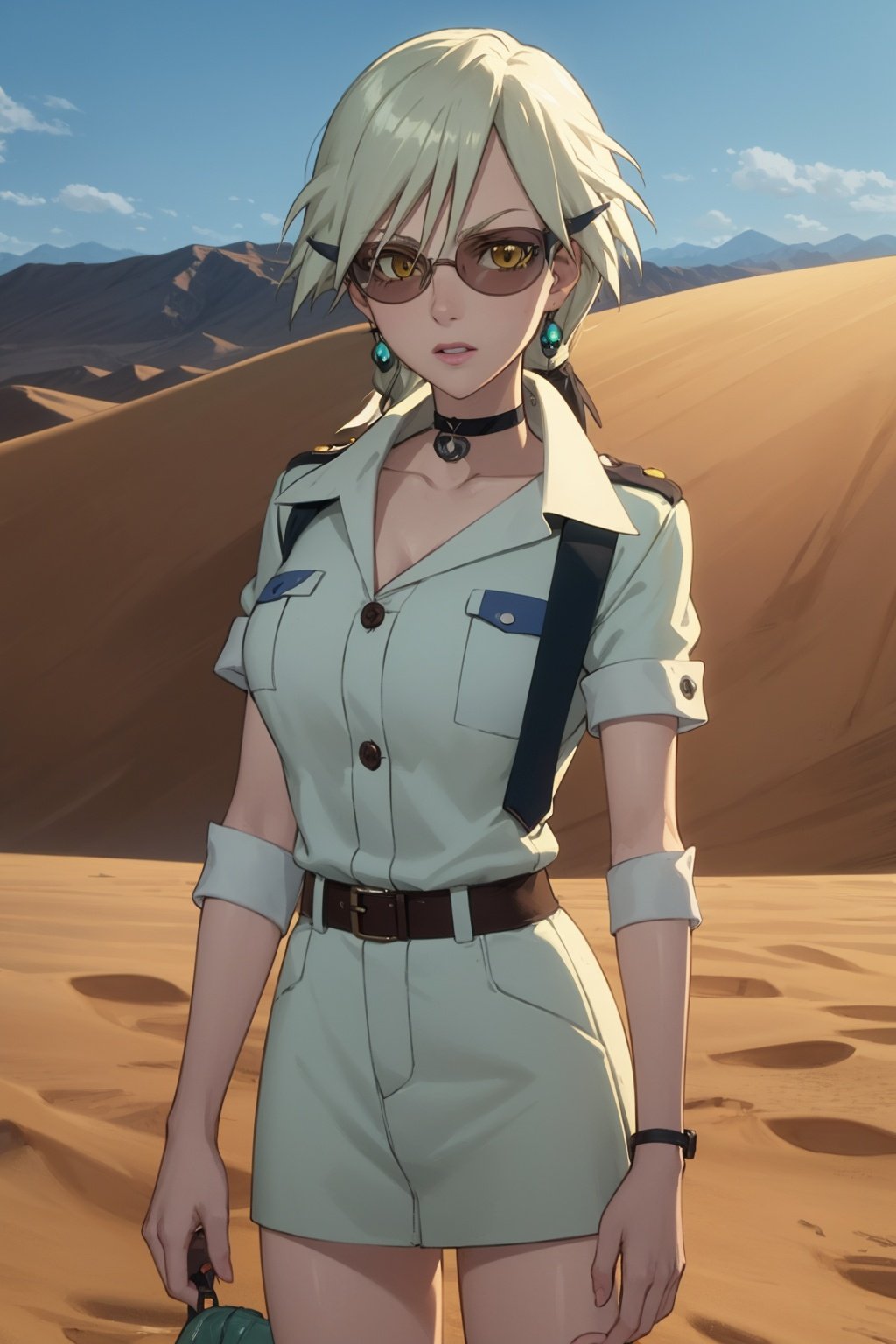 masterpiece, best quality, 1girl, harukadventurer, choker, short, white long hair, yellow eyes, sunglasses, solo, sand, dune, desert background <lora:HarukaGracia:1>