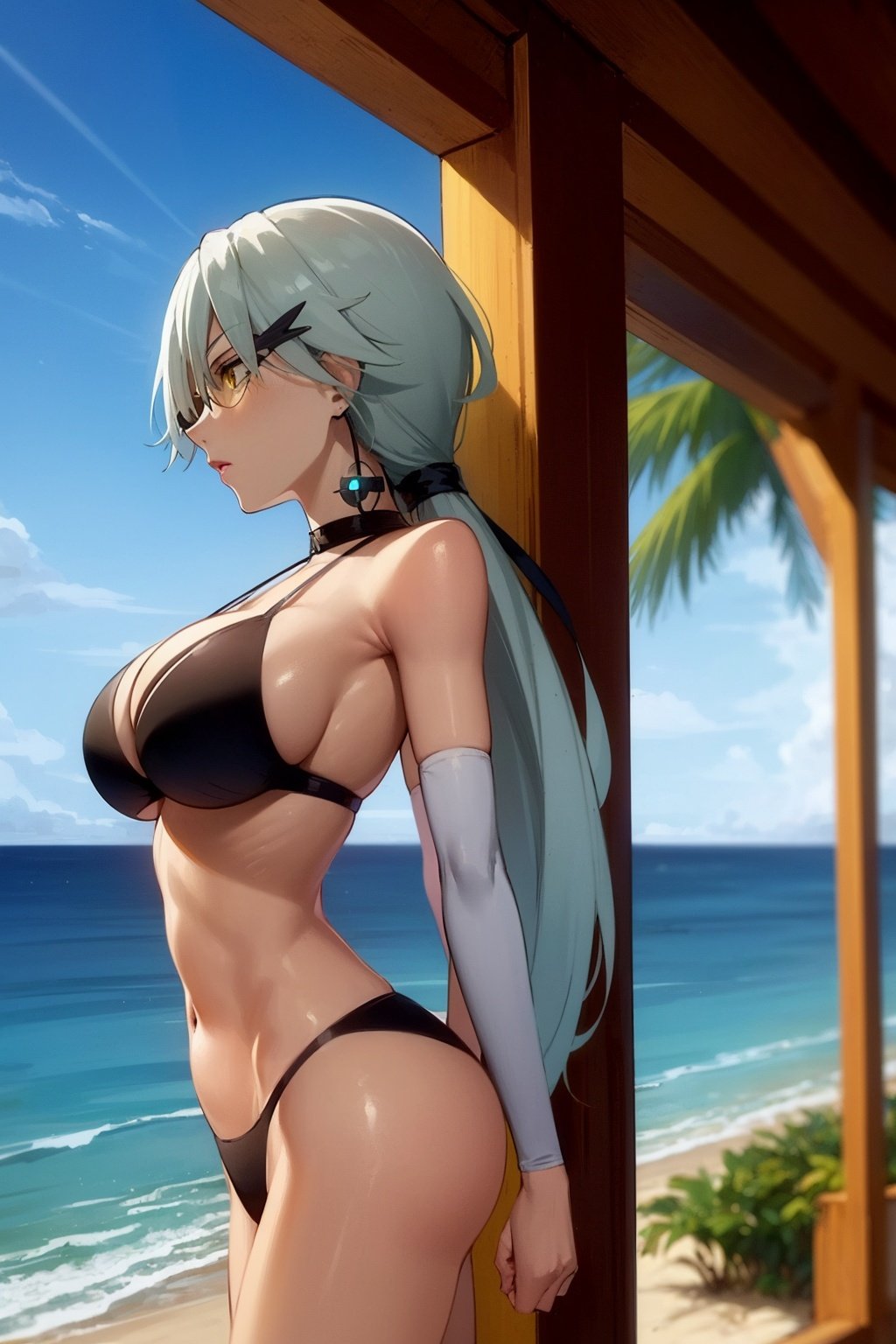 masterpiece, best quality, profile of 1girl, harukagracia, white long hair, yellow eyes, sunglasses, solo, bikini, sea, sand, beach background <lora:HarukaGracia:1>