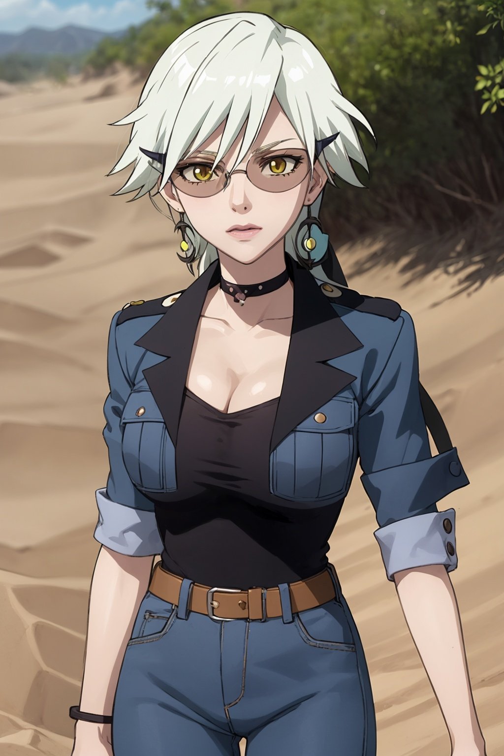 masterpiece, best quality, 1girl, harukadventurer, choker, short, white long hair, yellow eyes, sunglasses, solo, sand, dune, desert background <lora:HarukaGracia:1>