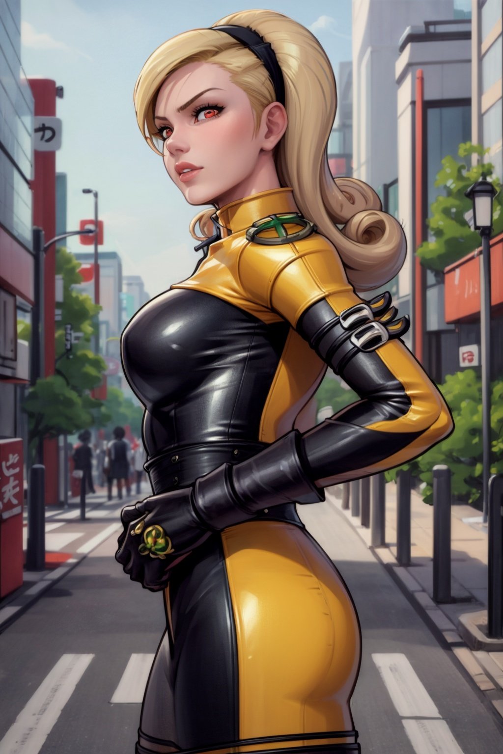 masterpiece, best quality, 1girl, lienneville, blonde hair, hairband, red eyes, bodysuit, solo, tokyo street background <lora:LienNeville:1>