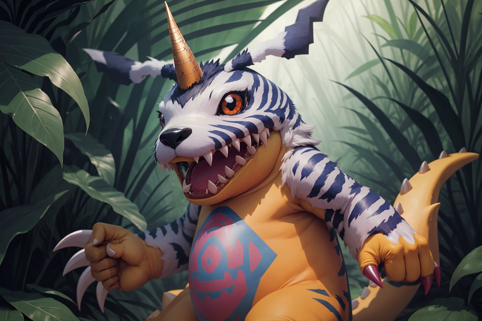 masterpiece, best quality, gabumon, solo, digimon \(creature\), red eyes, claws,  sharp teeth, single horn, closed mouth, ferocious animal, fantastic atmosphere, dark jungle background  <lora:Gabumon:1>