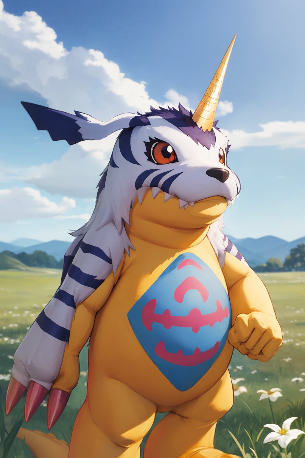 masterpiece, best quality, gabumon, solo, digimon \(creature\), red eyes, claws, single horn, closed mouth, meadow background, blue sky  <lora:Gabumon:1>