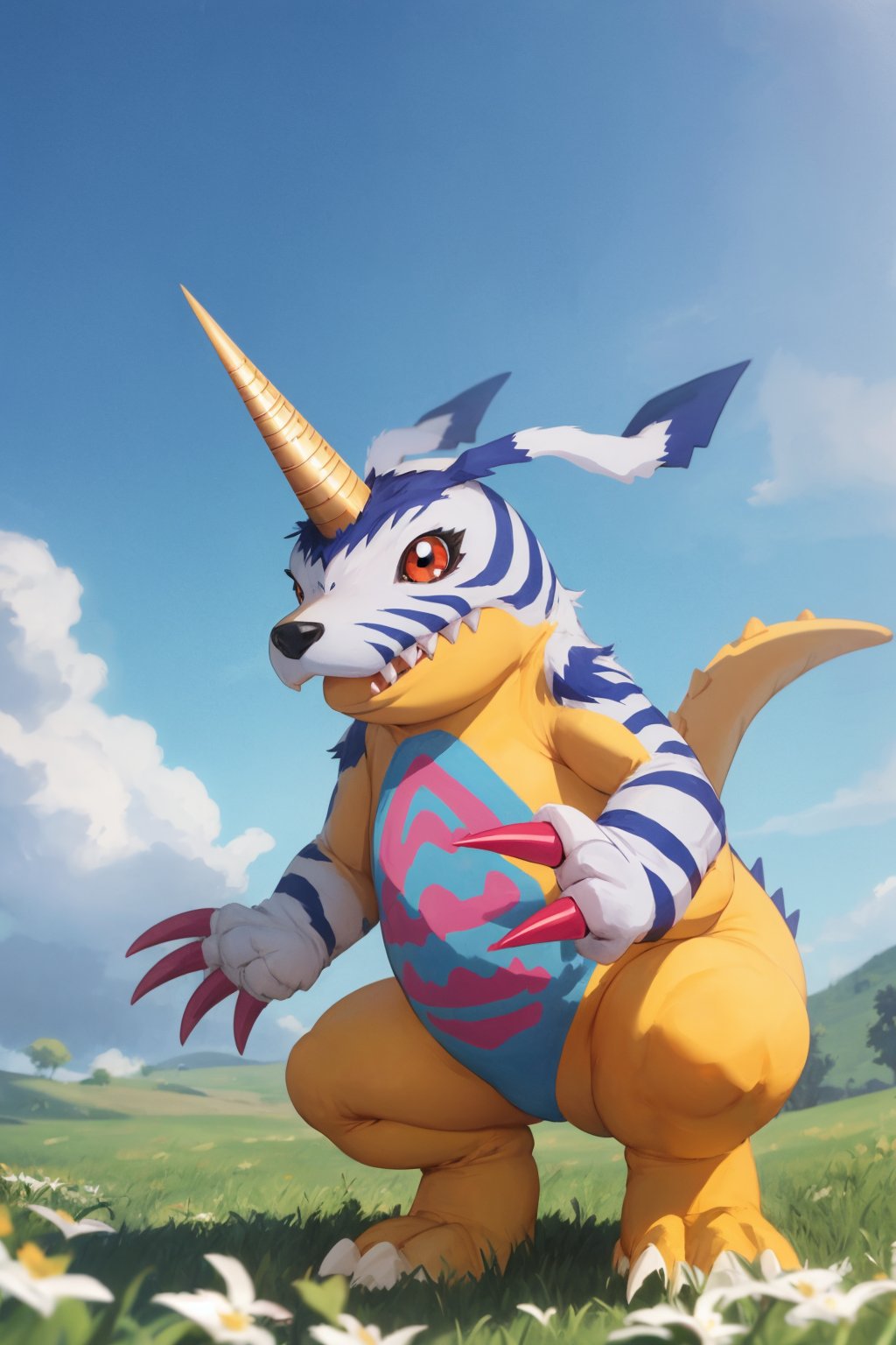 masterpiece, best quality, gabumon, solo, digimon \(creature\), red eyes, claws, single horn, closed mouth, meadow background, blue sky  <lora:Gabumon:1>