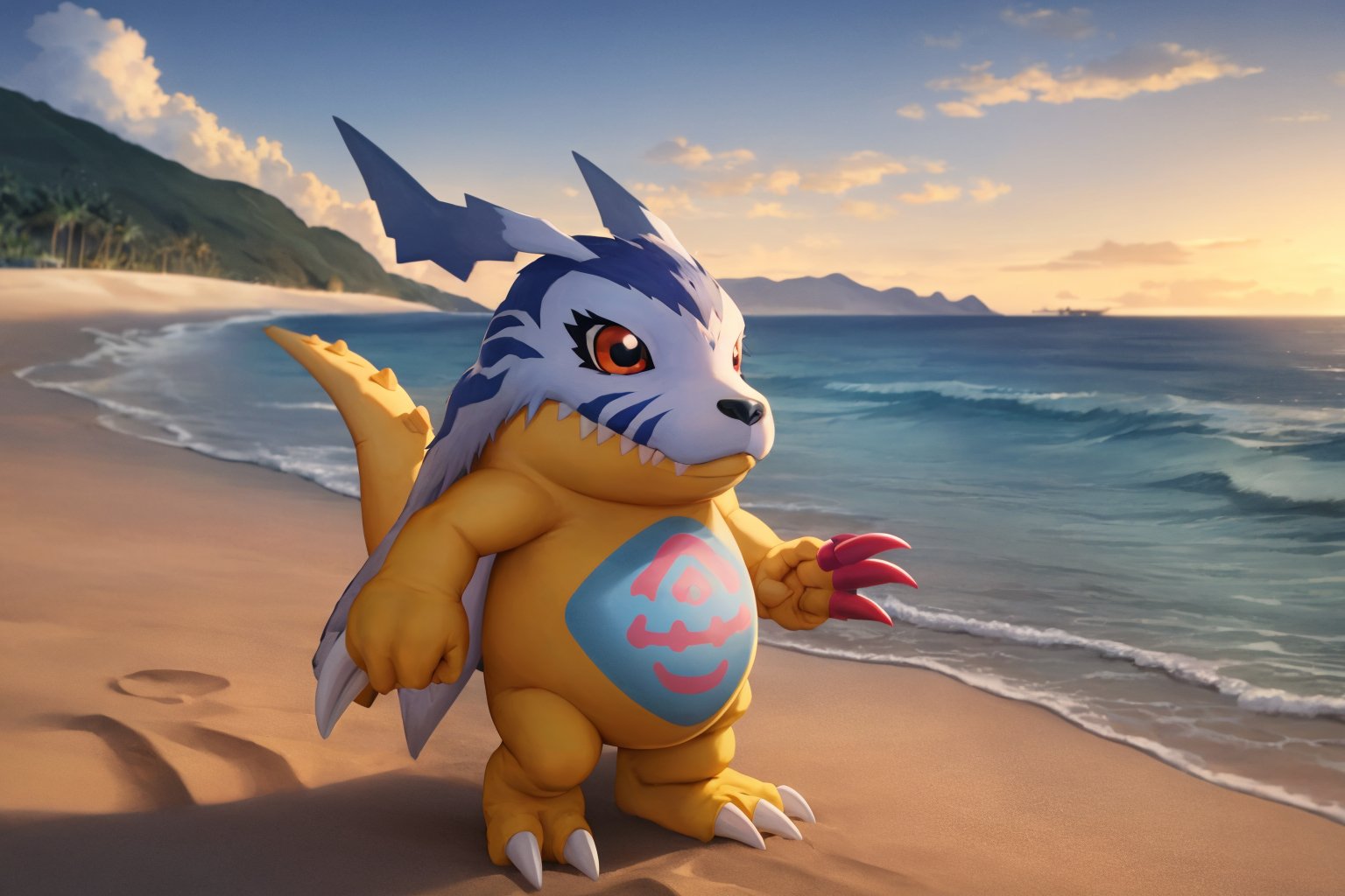 masterpiece, best quality, gabumon, solo, digimon \(creature\), red eyes, claws, closed mouth, beach background, sand, sea, cloud, blue sky  <lora:Gabumon:1>