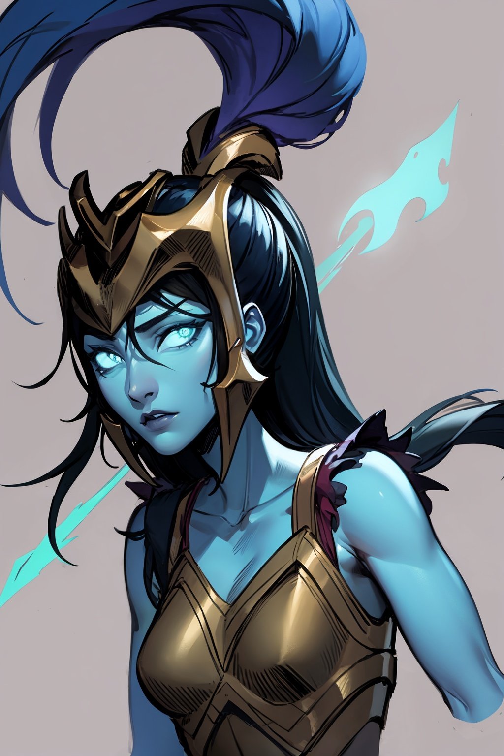 masterpiece, best quality, 1girl, kalista, closeup, blue skin, colored skin, glowing, helmet, long hair, no pupils, ponytail, solo, sketch, simple background  <lora:Kalista:1>