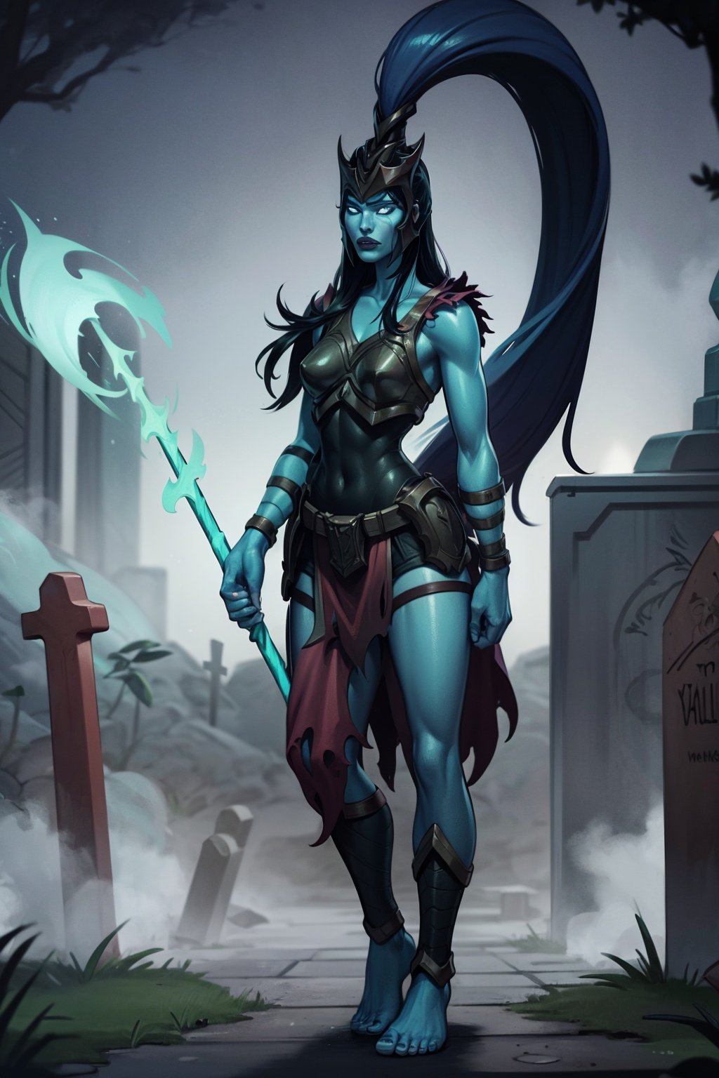 masterpiece, best quality, 1girl, kalista, armor, barefoot, blue skin, colored skin, glowing, helmet, long hair, no pupils, ponytail, standing, solo, spear, night, cemetery background  <lora:Kalista:1>