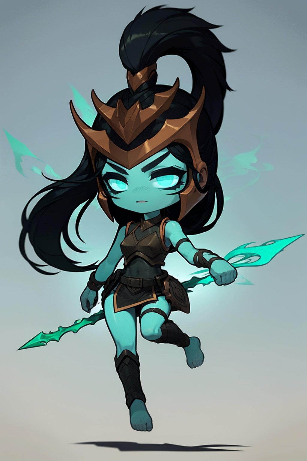 masterpiece, best quality, 1girl, kalista, armor, barefoot, blue skin, colored skin, glowing, helmet, long hair, no pupils, ponytail, solo, spear, night, haunted cemetery background, chibi  <lora:Kalista:1> <lora:maplestory_LoCon:1>