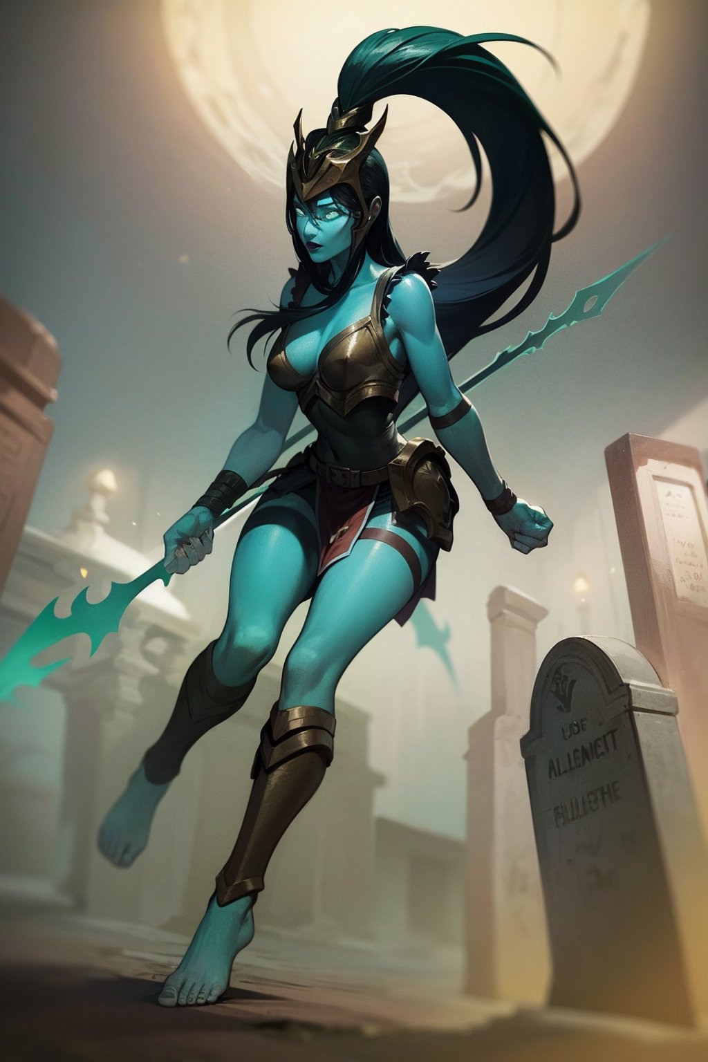 masterpiece, best quality, 1girl, kalista, armor, barefoot, blue skin, colored skin, glowing, helmet, long hair, no pupils, ponytail, solo, spear, night, cemetery background  <lora:Kalista:1>