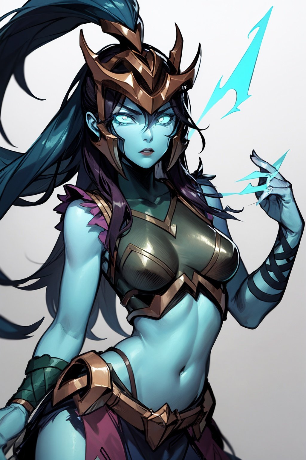 masterpiece, best quality, 1girl, kalista, closeup, blue skin, colored skin, glowing, helmet, long hair, no pupils, ponytail, solo, sketch, simple background  <lora:Kalista:1>