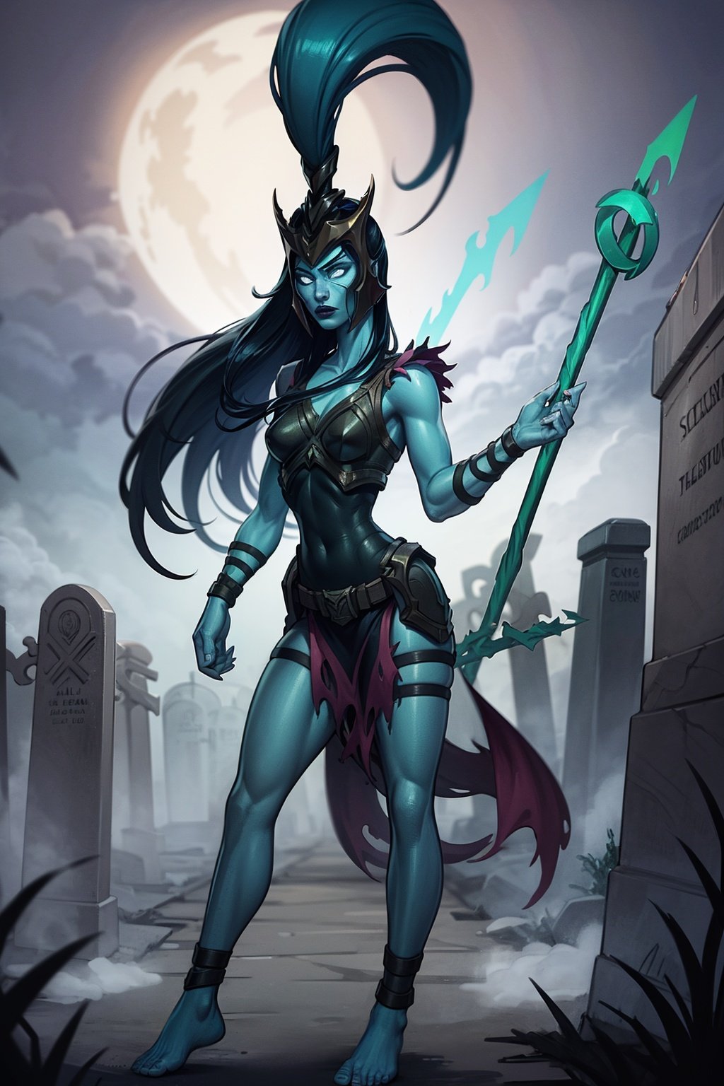 masterpiece, best quality, 1girl, kalista, armor, barefoot, blue skin, colored skin, glowing, helmet, long hair, no pupils, ponytail, standing, solo, spear, night, cemetery background  <lora:Kalista:1>