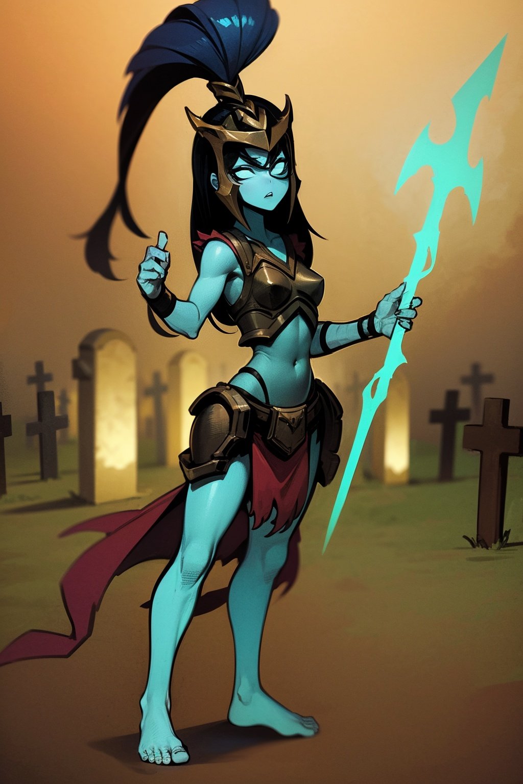 masterpiece, best quality, 1girl, kalista, armor, barefoot, blue skin, colored skin, glowing, helmet, long hair, no pupils, ponytail, solo, spear, night, cemetery background  <lora:Kalista:1>