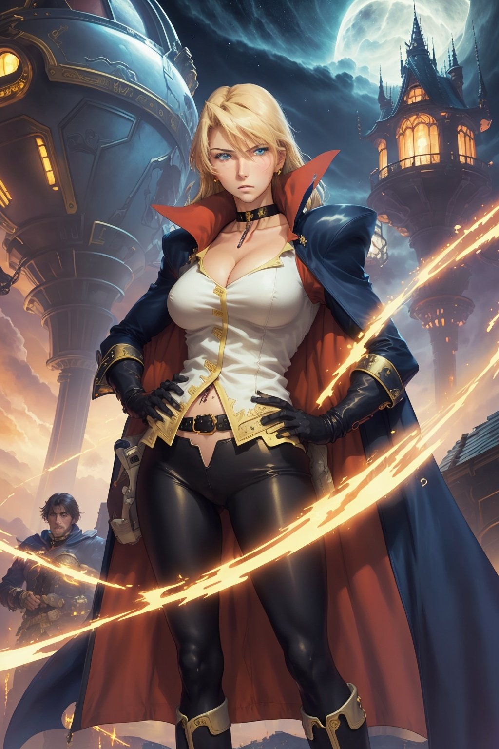 ((best quality)), ((masterpiece)), (detailed), 1girl, sara scorpion, blonde hair, blue eyes, choker, earrings, cleavage, large breasts, jacket, cape, black pants, solo, (fantasy illustration:1.3),serious gaze, mystical sky, (Luis Royo:1.2), (Yoshitaka Amano:1.1), moonlit night, soft colors, (detailed cloudscape:1.3), (high-resolution:1.2), spaceship background  <lora:SpacePirateSara:1>