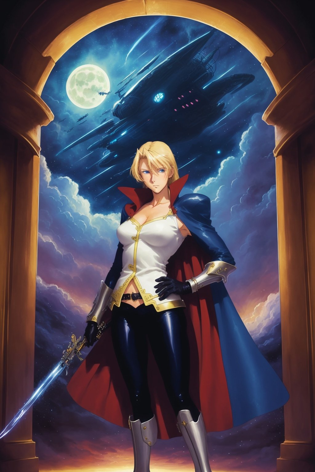 ((best quality)), ((masterpiece)), (detailed), 1girl, sara scorpion, blonde hair, blue eyes, jacket, cape, solo, (fantasy illustration:1.3),serious gaze, mystical sky, (Luis Royo:1.2), (Yoshitaka Amano:1.1), moonlit night, soft colors, (detailed cloudscape:1.3), (high-resolution:1.2), spaceship background  <lora:SpacePirateSara:1>