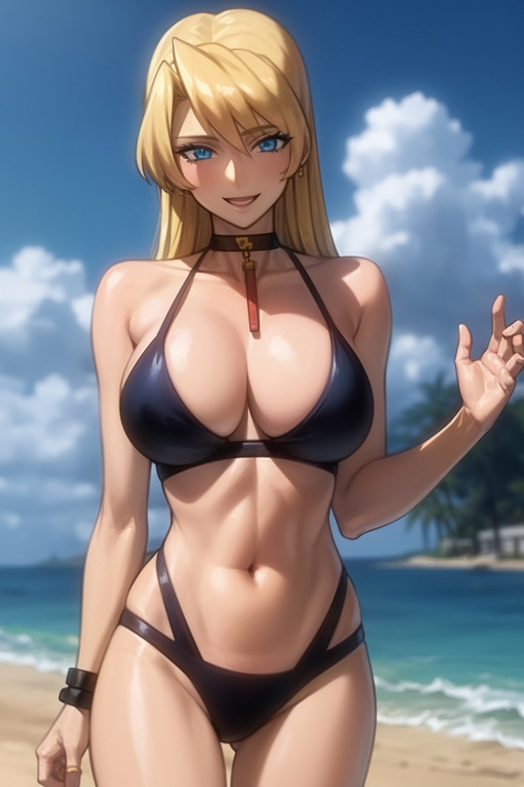 masterpiece, best quality, spsara, 1girl, blonde hair, long hair, blue eyes, large breasts, choker, navel, slingshot swimsuit, smile, solo,  sand, sea, beach background <lora:SpacePirateSara:1>