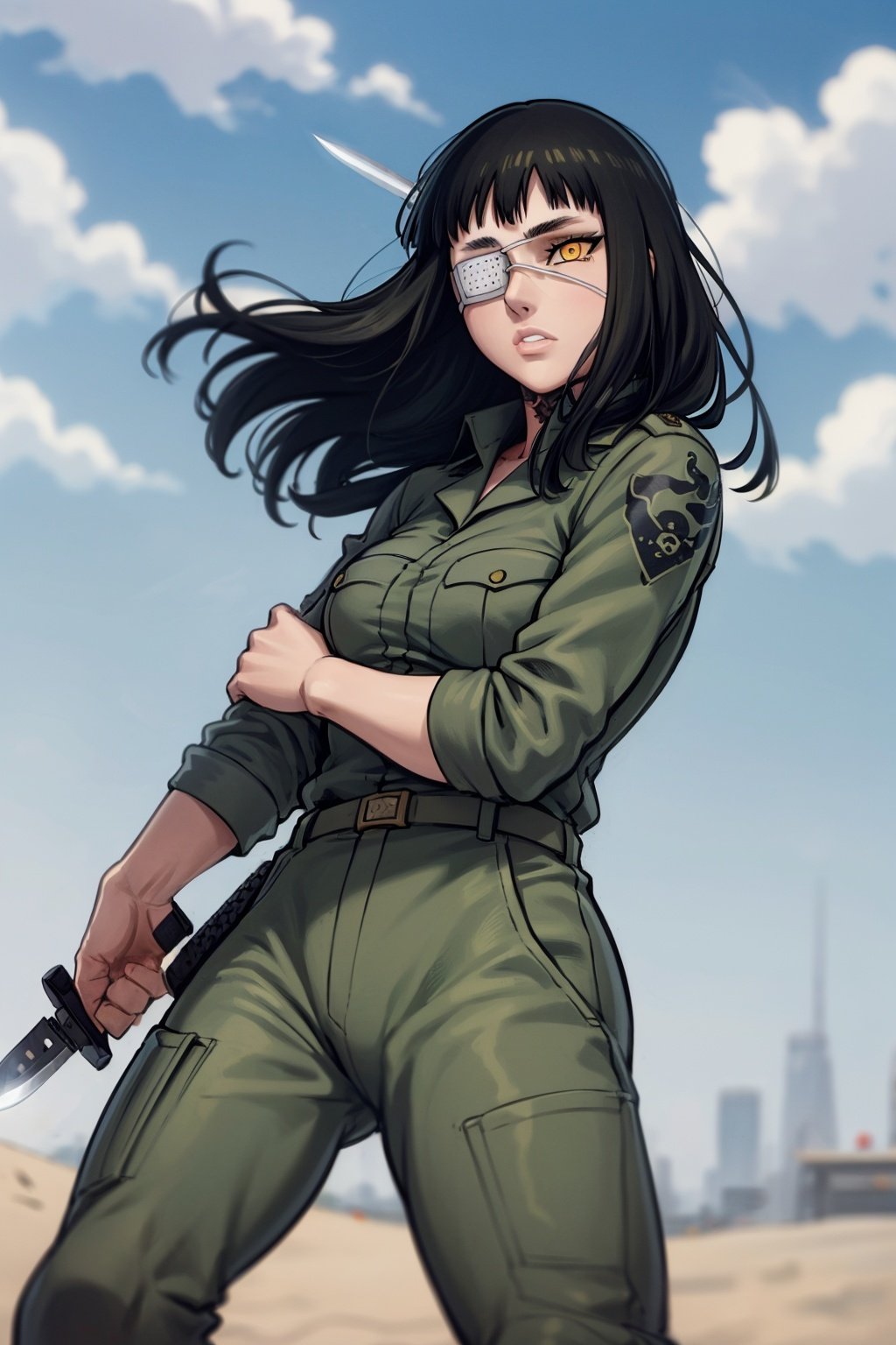 masterpiece, best quality, 1girl, valmet, eyepatch, yellow eye, tattoo, black hair, long hair, holding a knife, military uniform, solo, sand, blue sky, tokyo street background <lora:Valmet:1>