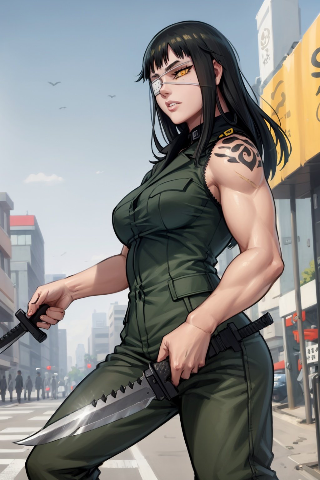 masterpiece, best quality, 1girl, valmet, eyepatch, yellow eye, tattoo, black hair, long hair, holding a knife, military uniform, solo, sand, blue sky, tokyo street background <lora:Valmet:1>