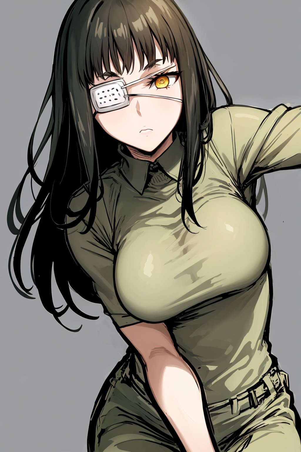 masterpiece, best quality, 1girl, valmet, eyepatch, yellow eye, black hair, long hair, closeup, sketch, simple background <lora:Valmet:1>