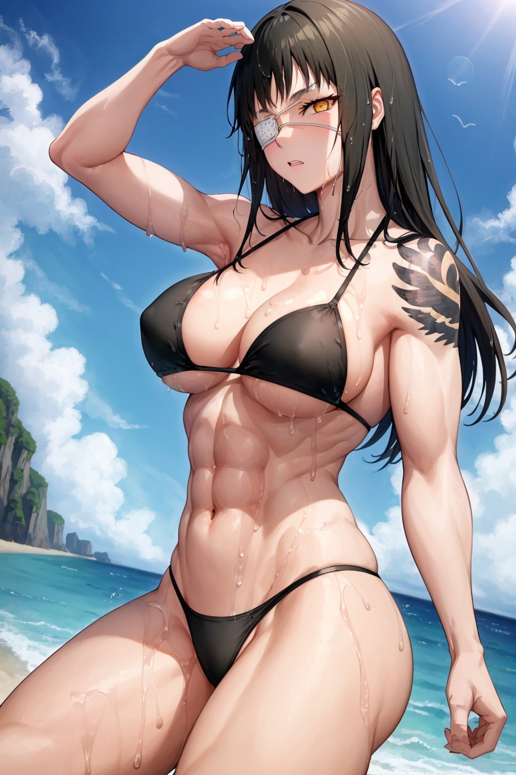 masterpiece, best quality, 1girl, valmet, eyepatch, yellow eye, tattoo, black hair, long hair, wet, muscular, abs, black bikini, solo, sand, blue sky, sea, beach background <lora:Valmet:1>