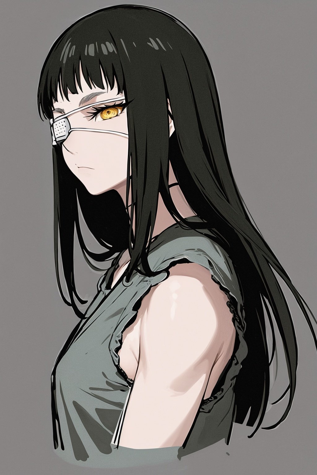 masterpiece, best quality, 1girl, valmet, eyepatch, yellow eye, black hair, long hair, closeup, sketch, simple background <lora:Valmet:1>