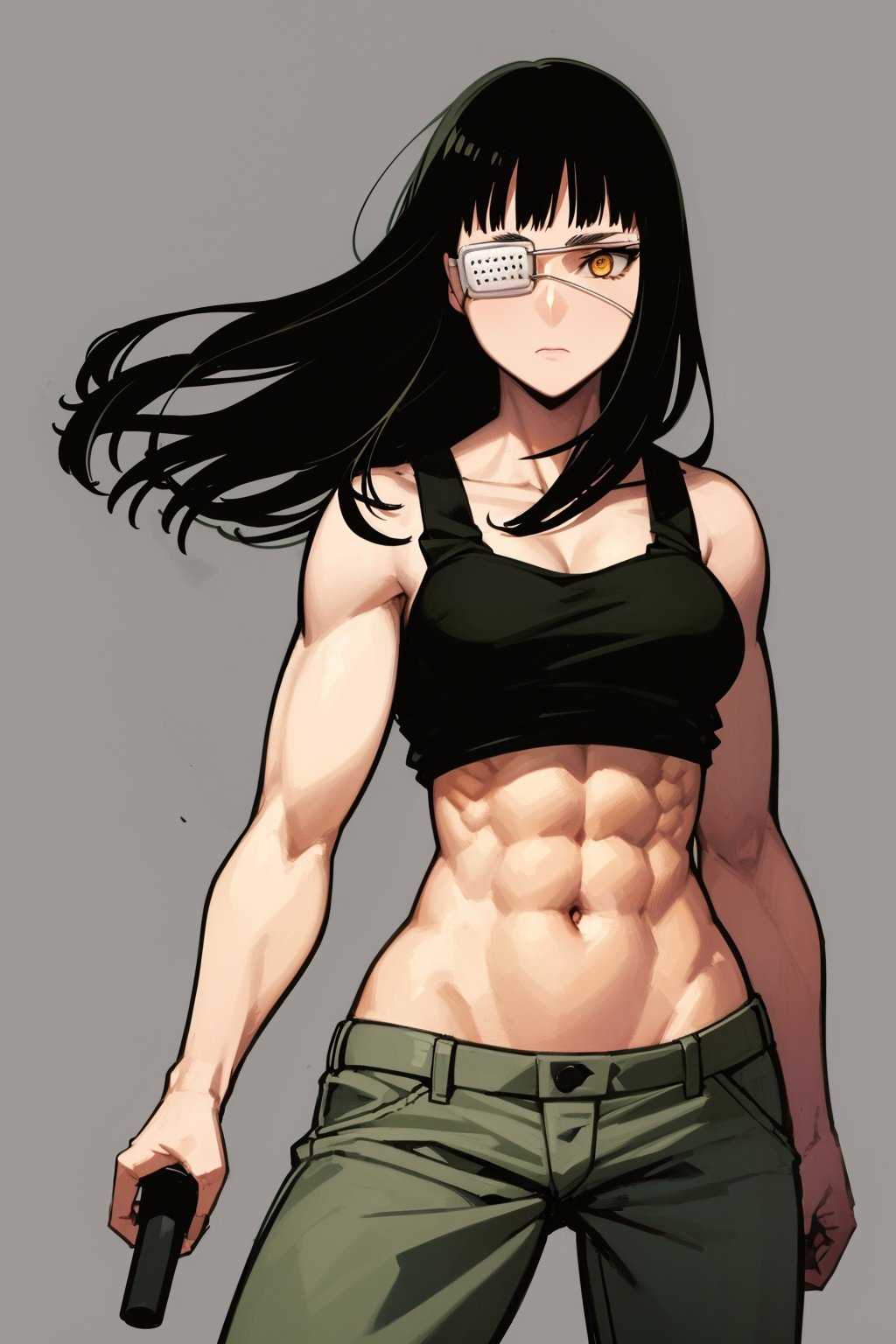 masterpiece, best quality, 1girl, valmet, eyepatch, yellow eye, black hair, long hair, muscular, tank top, abs, pant, solo, standing, contrapposto, simple background <lora:Valmet:1>