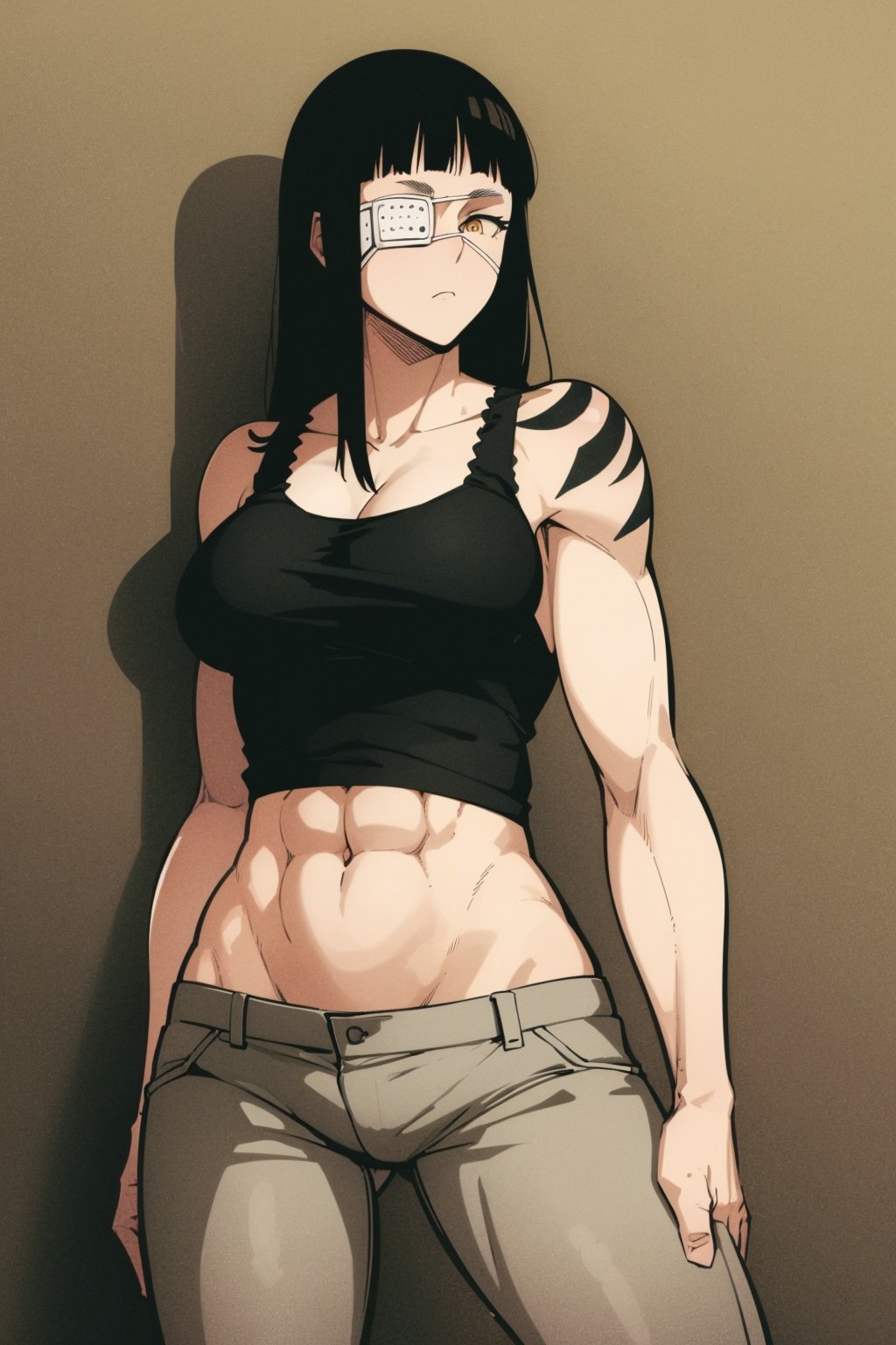 masterpiece, best quality, 1girl, valmet, eyepatch, yellow eye, tattoo, black hair, long hair, muscular, tank top, abs, pant, solo, standing, contrapposto, simple background <lora:Valmet:1>