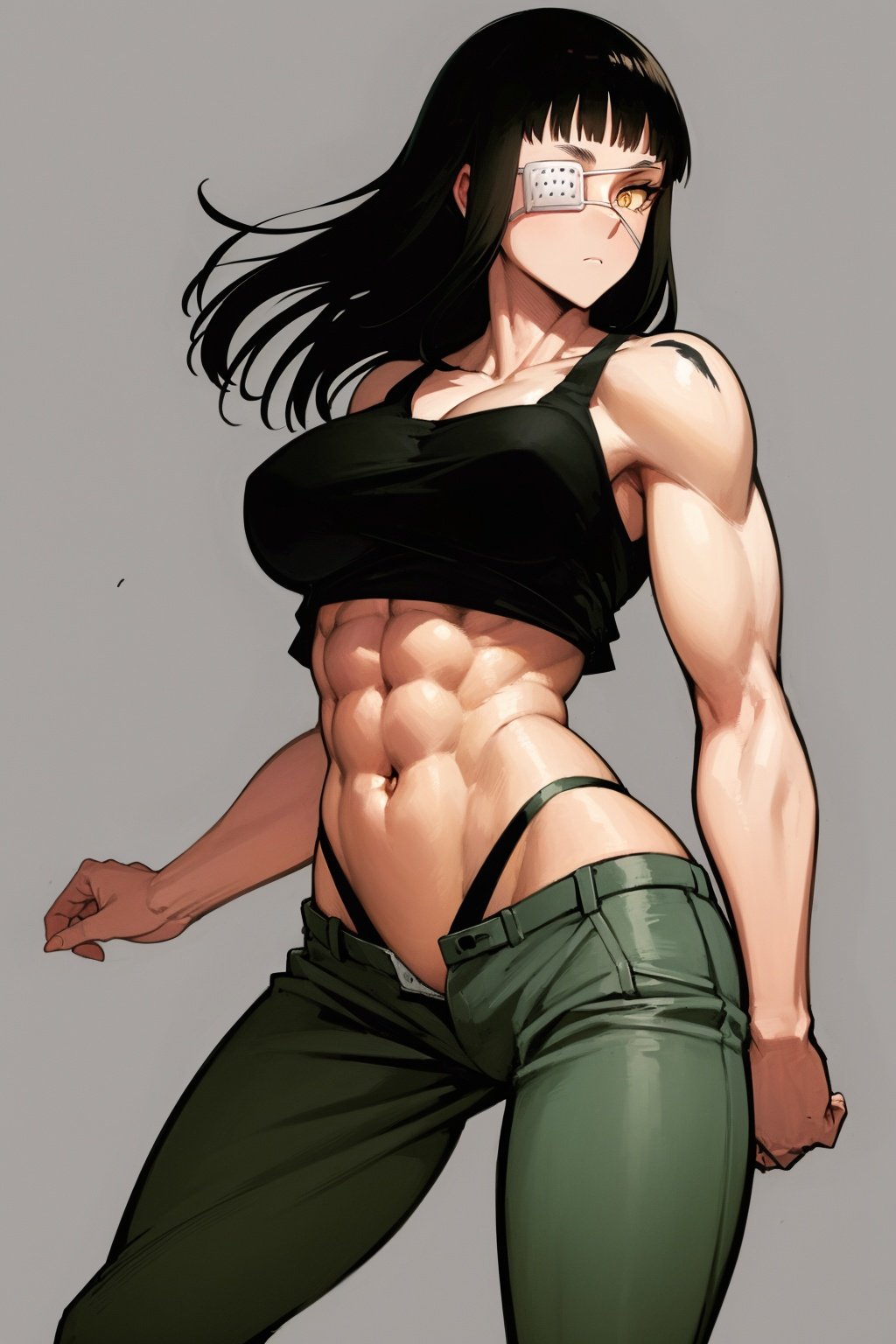 masterpiece, best quality, 1girl, valmet, eyepatch, yellow eye, black hair, long hair, muscular, tank top, abs, pant, solo, standing, contrapposto, simple background <lora:Valmet:1>