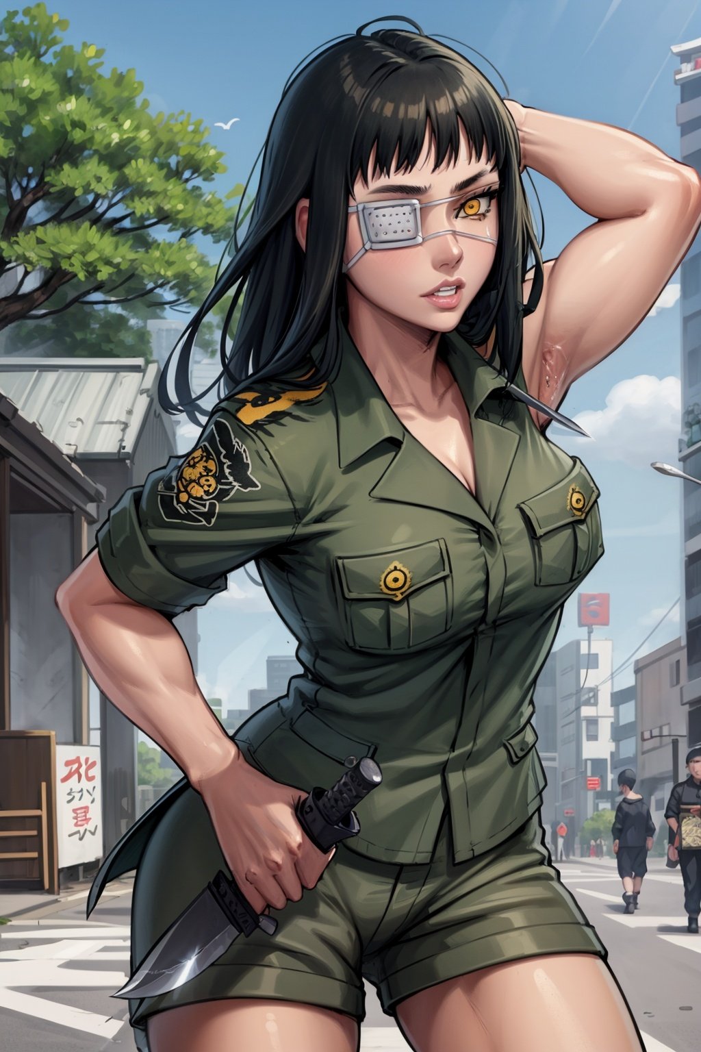 masterpiece, best quality, 1girl, valmet, eyepatch, yellow eye, tattoo, black hair, long hair, holding a knife, military uniform, solo, sand, blue sky, tokyo street background <lora:Valmet:1>