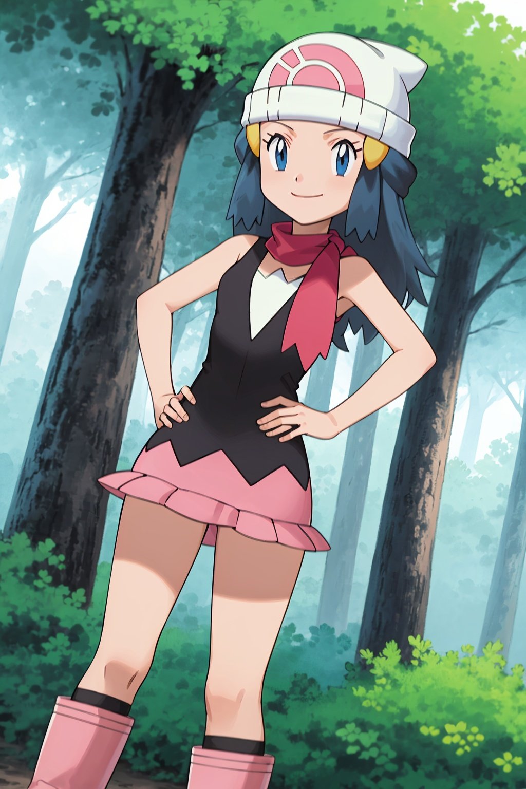 masterpiece, best quality, 1girl, dawn \(pokemon\), beanie, long hair, blue hair, blue eyes, black sleeveless shirt, pink scarf, pink skirt, pink boots, hands on hips, smile, looking at viewer, forest background <lora:Dawn:1>