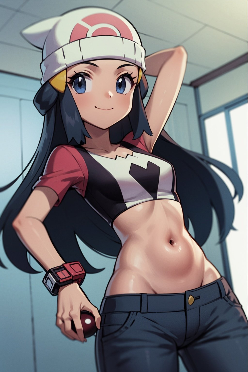 masterpiece, best quality, 1girl, beanie, black hair, bracelet, closed mouth, dawn \(pokemon\), eyelashes, grey eyes, hair ornament, hairclip, hat, holding, jewelry, long hair, looking at viewer, midriff, navel, pants, poke ball, poke ball print, shirt, short sleeves, smile, solo, watch, white headwear <lora:Dawn:1>